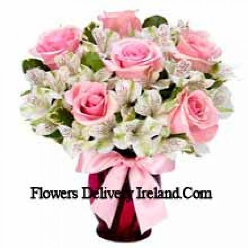 Beautiful Pink Roses and White Alstroemeria