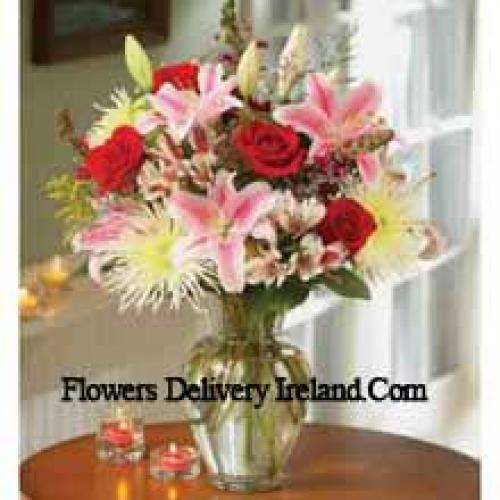 Sweet Pink Lilies and Red Roses