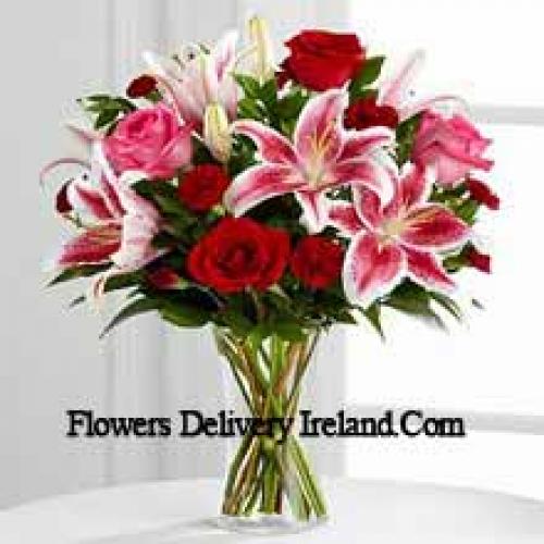 Roses with Pink Lilies in Vase