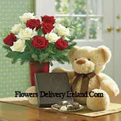 Red and White Roses with Teddy and Chocolates