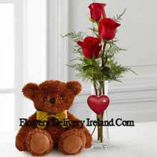 Orso da 10 pollici con 3 rose rosse