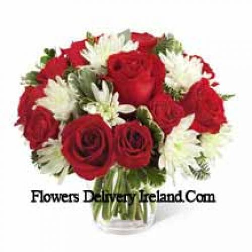 Red Roses and Cute chrysanthemums in Vase