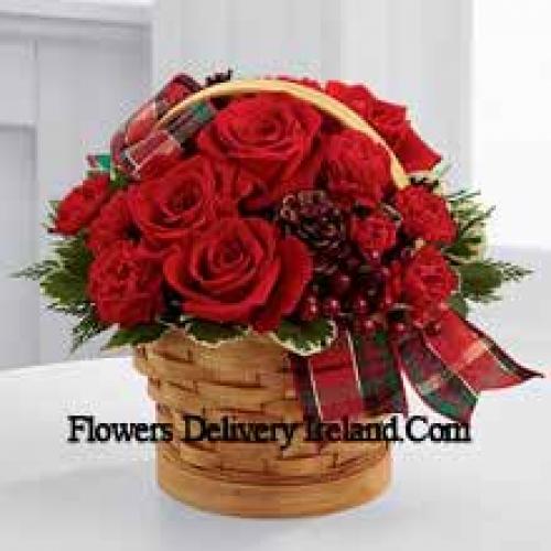 Wooden Basket of Roses and Carnations with Assorted Flowers