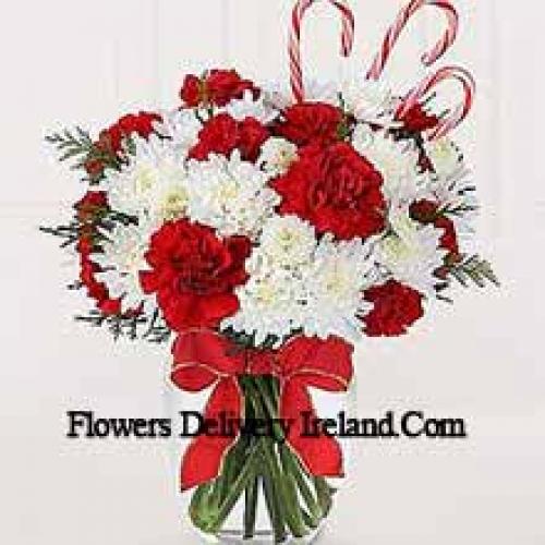 Red Carnations and White Chrysanthemums with Perfect Touch