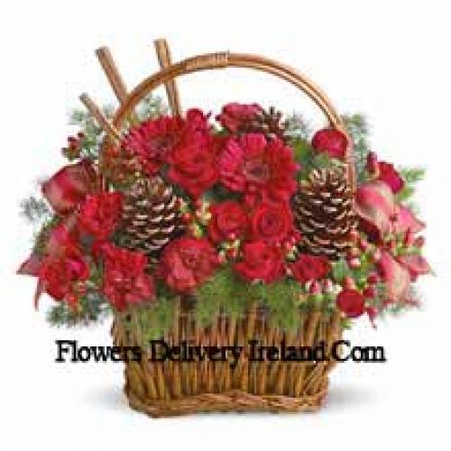 Beautiful Basket of Red Flowers with Pinecones